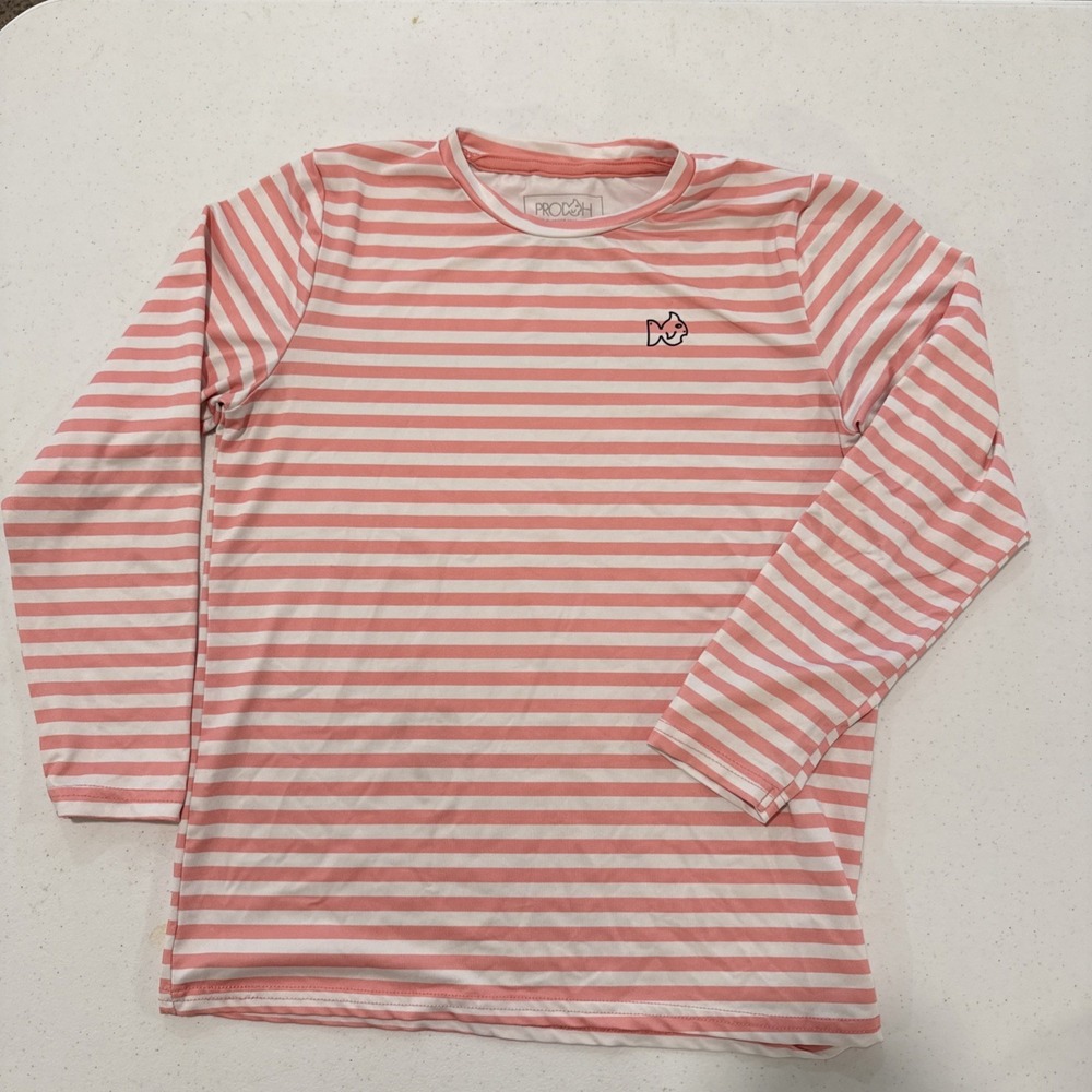 Prodoh Pro Girls Performance Long Sleeve Fishing Tee Sz 8-10 Tea Rose Stripe